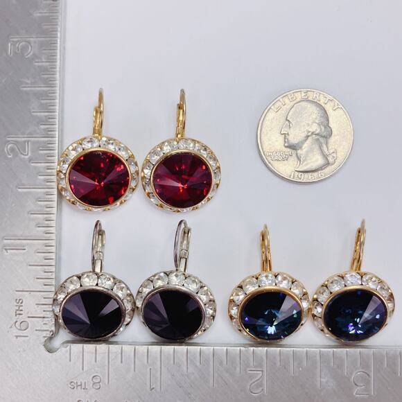 Vintage Lot of 3 Earrings Pairs Rivoli Rhinestone Leverback Mid Century Sparkly - Picture 8 of 16
